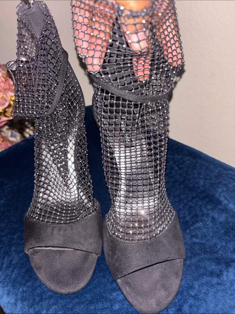 Nine West Black Mesh Rhinestone Ankle Strap Heels